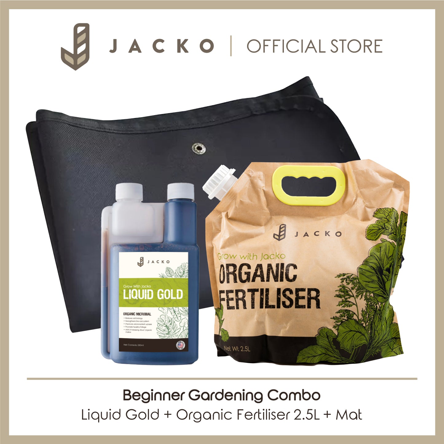 【Beginner's Gardening Combo】Jacko Liquid Gold + Jacko Organic Fertiliser 2.5L + Gardening Mat 1M x 1M