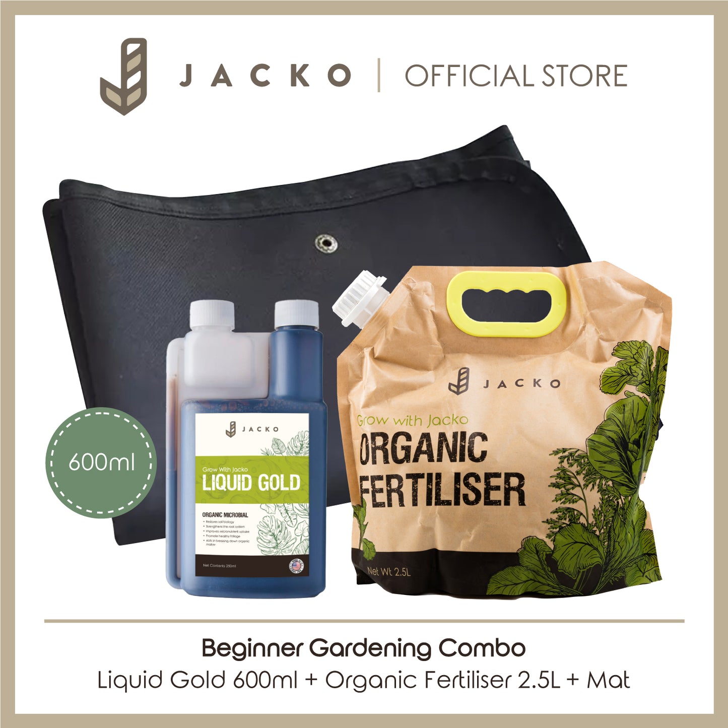 【Beginner's Gardening Combo】Jacko Liquid Gold + Jacko Organic Fertiliser 2.5L + Gardening Mat 1M x 1M